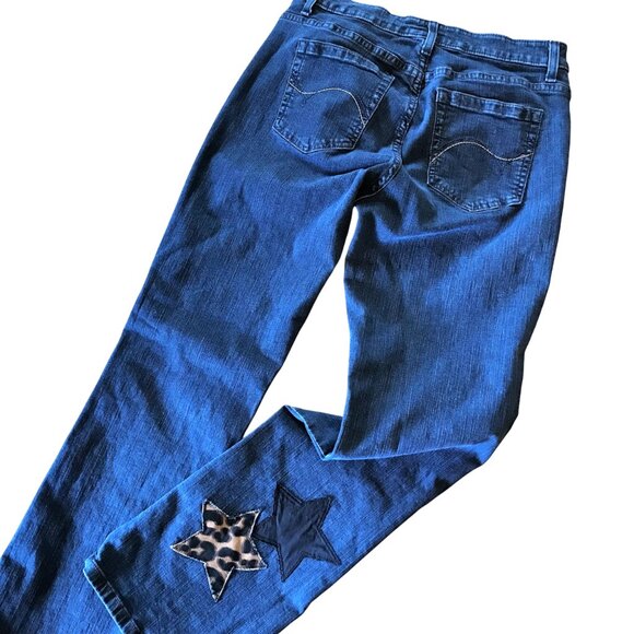 Patchwork Jeans, Size 12 Short: Boho Hippie Pants, Leopard Print Stars - Picture 3 of 14